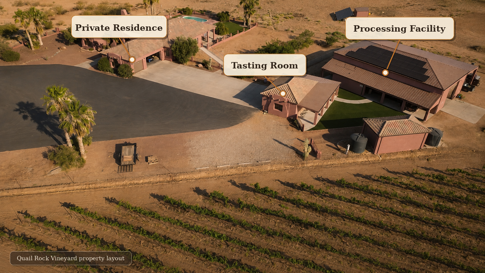 Property layout — private residence, tasting room, and processing facility