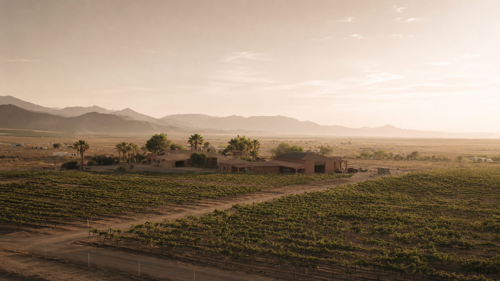 The estate at first light, mountains beyond