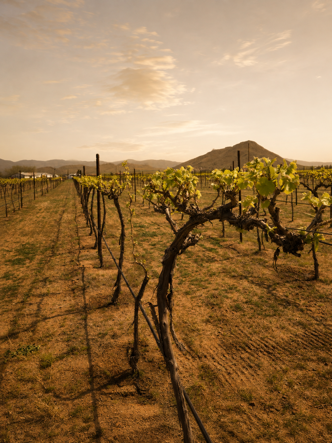 Original vineyard rows at Quail Rock with desert mountains at sunset