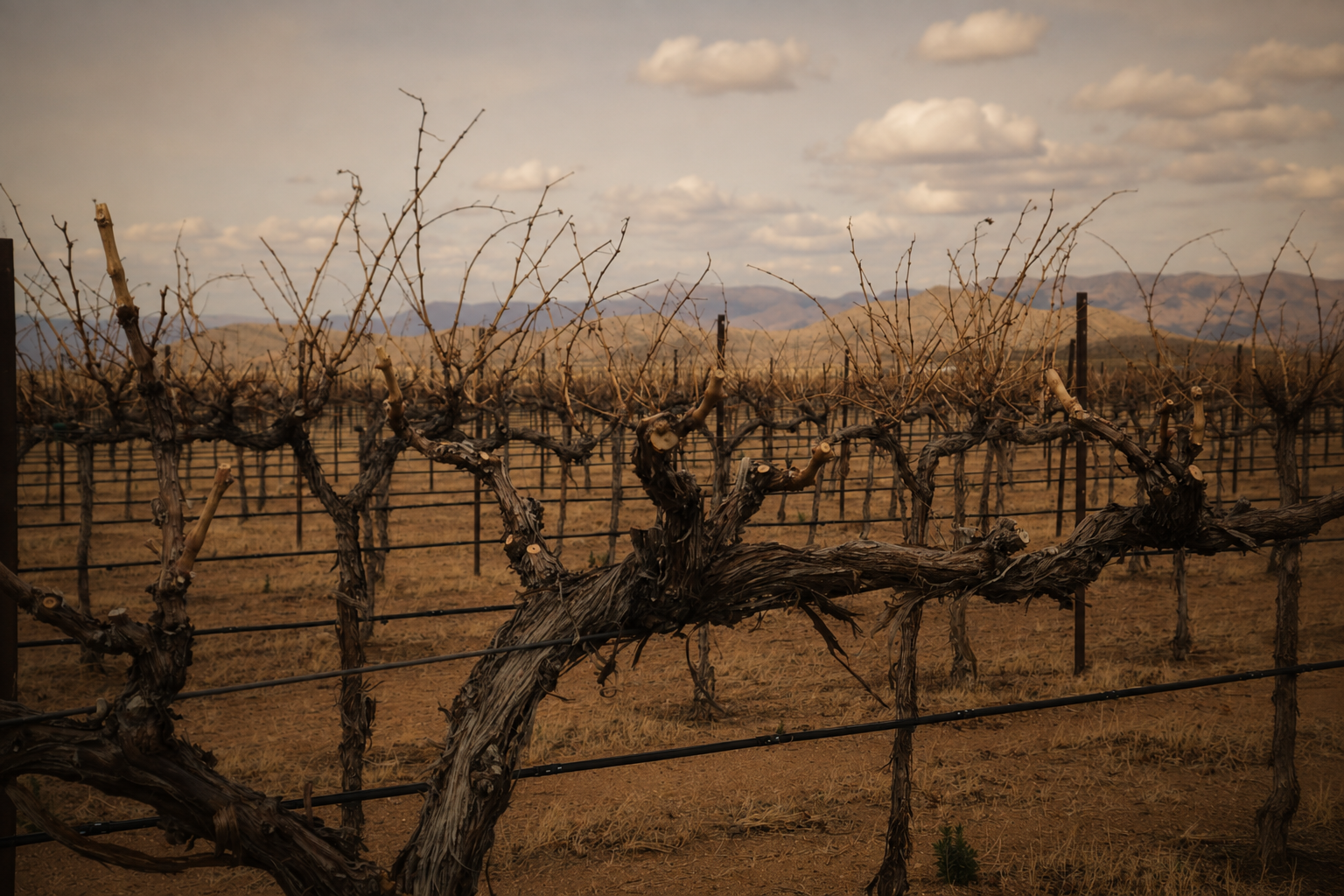 Dormant vines after winter pruning