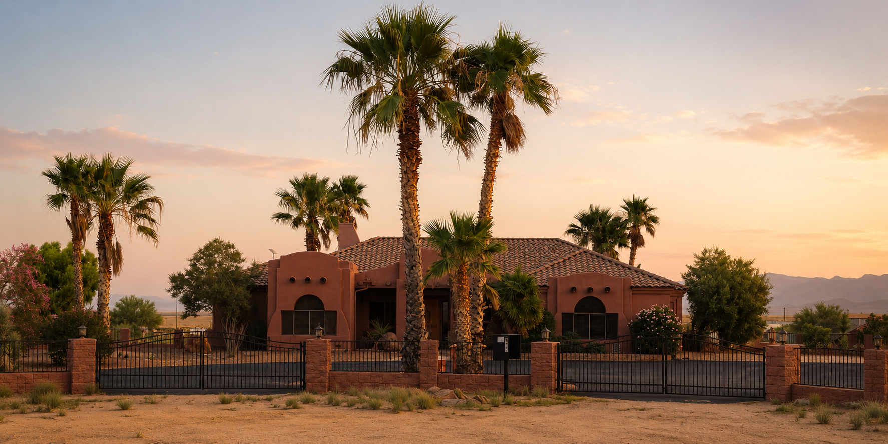 The Quail Rock Vineyard house and tasting property at sunset, framed by tall palm trees behind a front gate